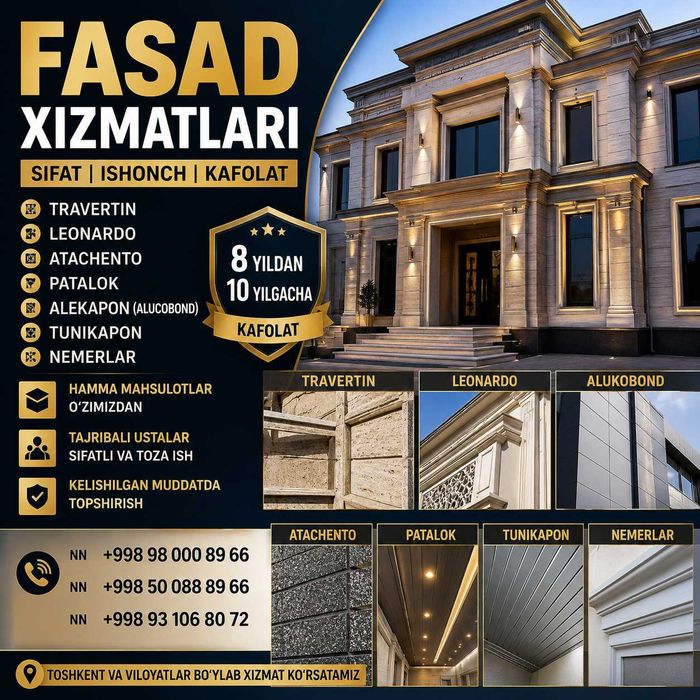 Travertin va Fasad ishlari | 8–10 yil kafolat