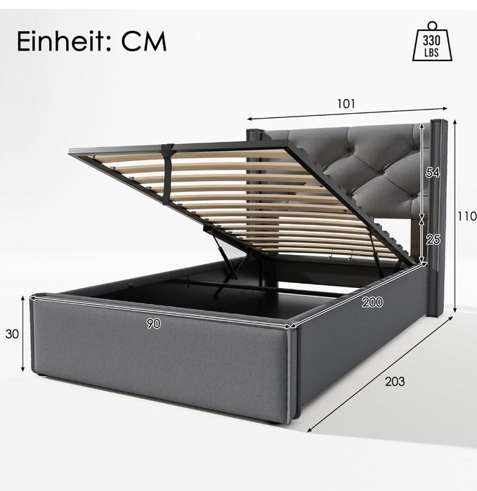 Pat simplu hidraulic 90 x 200 cm cu spațiu de depozitare și somieră