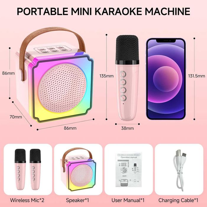 Мини караоке комплект – колонка с LED светлини + 2 безжични микрофона