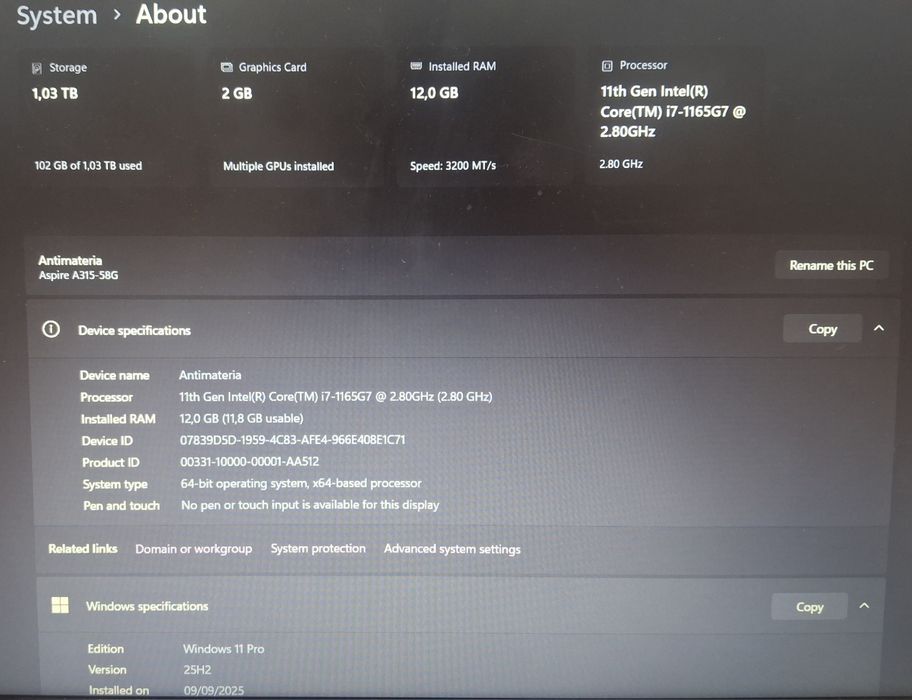 Acer Aspire 3: i7 1165g7 / 8gb / 128gb ssd + 1tb hdd