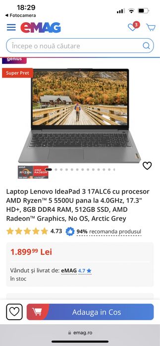 Laptop lenovo idea pad 3 16 gb