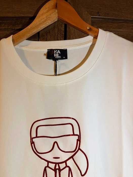 Tricou damă alb, XL, model Karl Lagerfeld, nou, primit cadou,cu strasuri roșii și albe