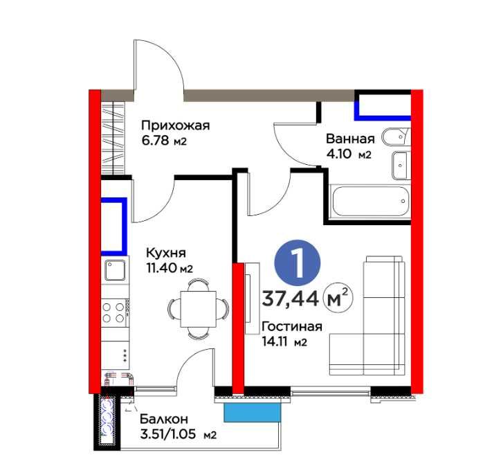 ЖК BI SAN`AT 1-к квартира  37.44 м2. г. Ташкент, ул. Фергана йули