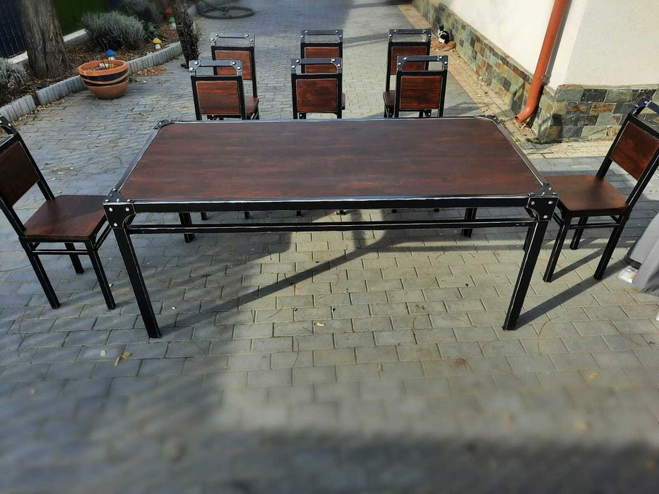 Masa 4/6/8 persoane, otel si lemn natural de nuc stil industrial