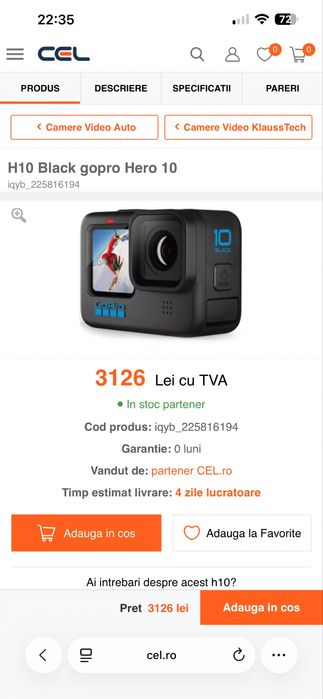 Camera video sport GoPro Hero10 Black Camera de Actiune 5.3K 23MP