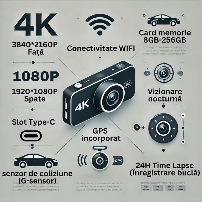 Camera auto 4K + cam spate 1080P DVR WIFI 5G, Viz nocturna, Senzor