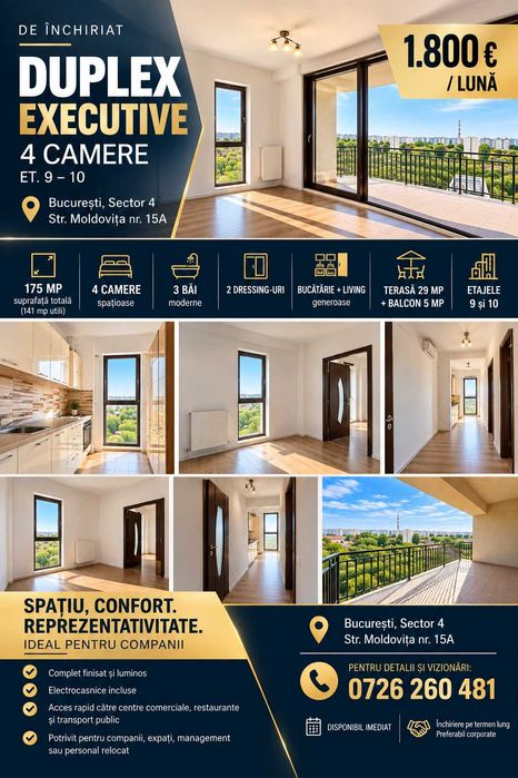 DUPLEX EXECUTIVE | 175 MP | TERASĂ 29 MP | 4 CAMERE | 3 BĂI | 1.800 € / LUNĂ