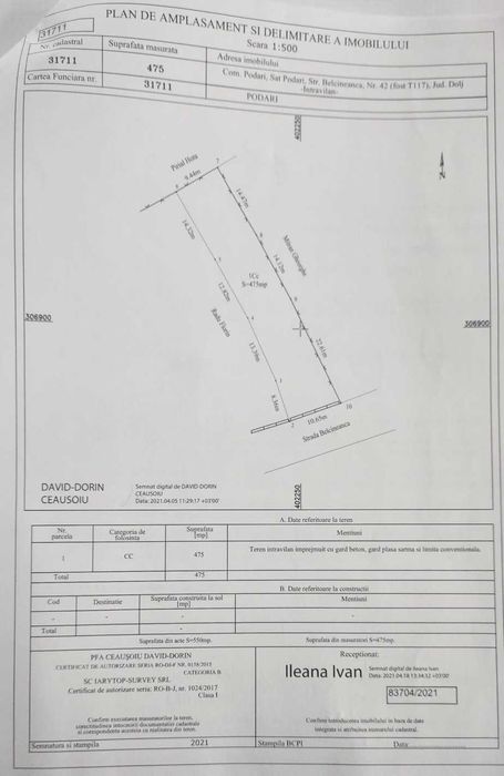 Teren intravilan  Com. Podari, Sat Podari, Str. Belcineanca -  475mp