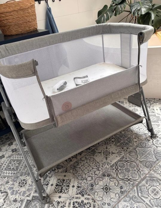 Patut co sleeper Lionelo Luna 2 in 1 gri + saltea cocos + 2 lenjerii