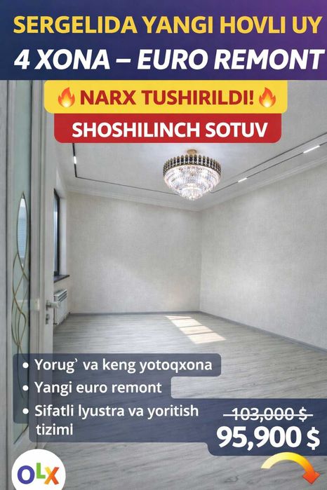 Sergelida yangi hovli uy – 4 xona – 1.7 sotix – euro remont