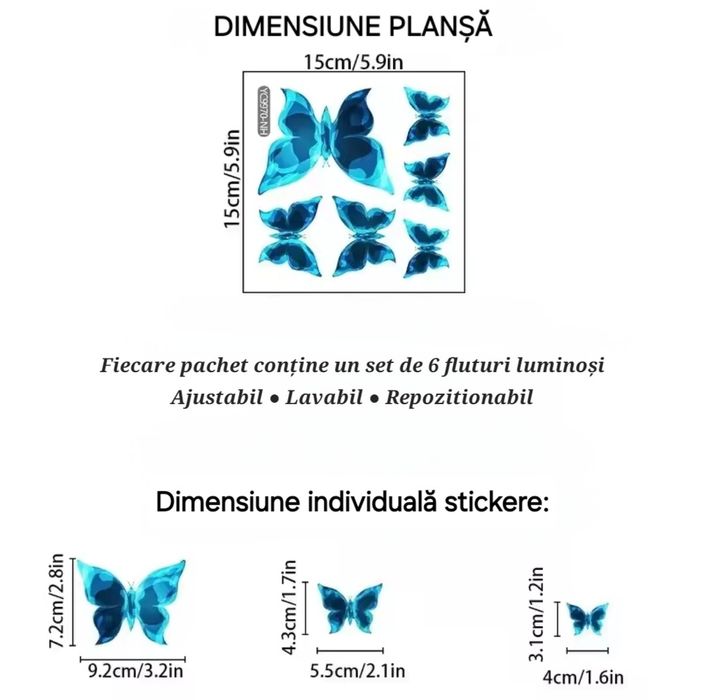 Set decorativ Fluturi: luminoși/simpli. Diferite modele. Stickere.