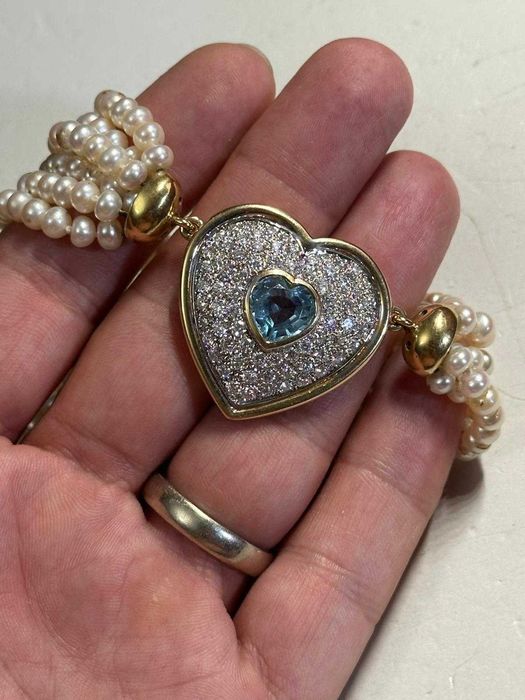 COLIER AUR 18K + 12 x 50 = 600 PERLE + 74 Diamante = 2.2CT + Aquamarin Inima = 3CT !