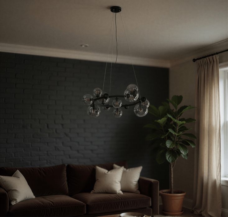 НОВА! Дизайнерска таванна лампа с кехлибарени стъклени балони 12x G9