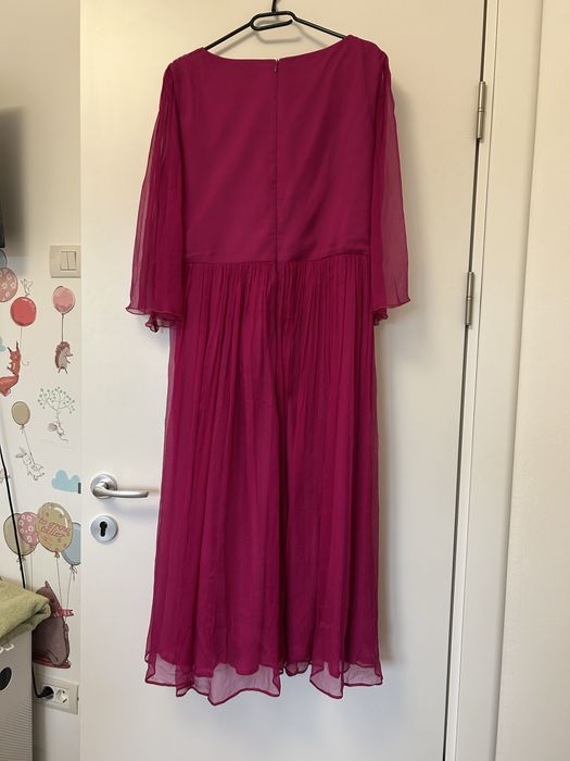 Rochie midi magenta din matase naturala, maneci evazate hand made