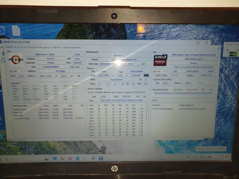 Laptop HP cu AMD Ryzen 3 3200U, 128GB SSD. 12GB Ram, Placa video 2GB