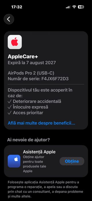 casti airpods pro 2 apple care+ pana in 2027 si anc
