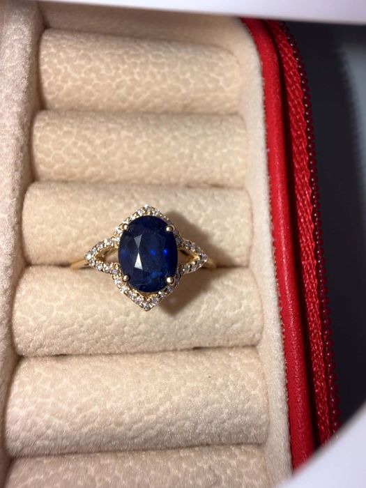 Inel din Aur Galben 14K cu Safir Natural și 36 Diamante (Certificat HRD Antwerp)