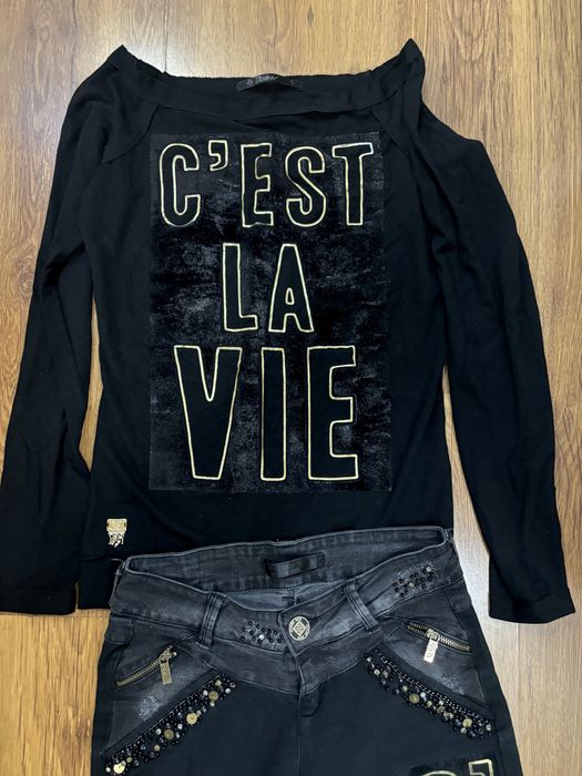 Balmain,Raw Denim сет, Сатенен комплект черен, С размер