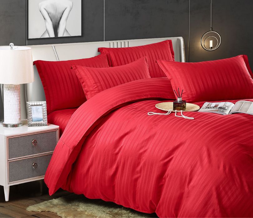 Lenjerie pat matrimonial Damasc, 6 piese, bumbac gros cu elastic,