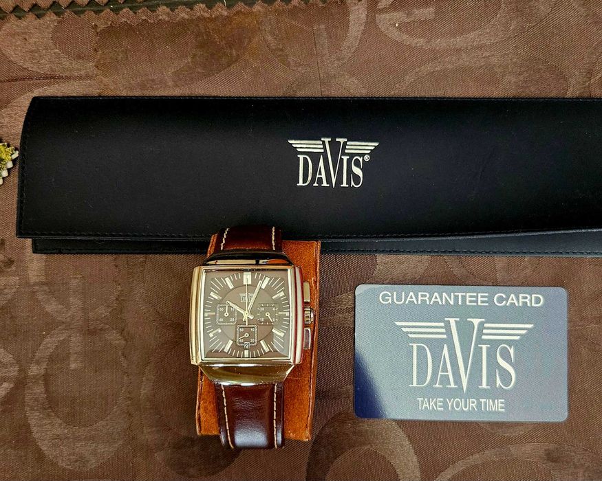 Ceas cronograf DAVIS 42mm curea piele, carcasa inox + geam cristal