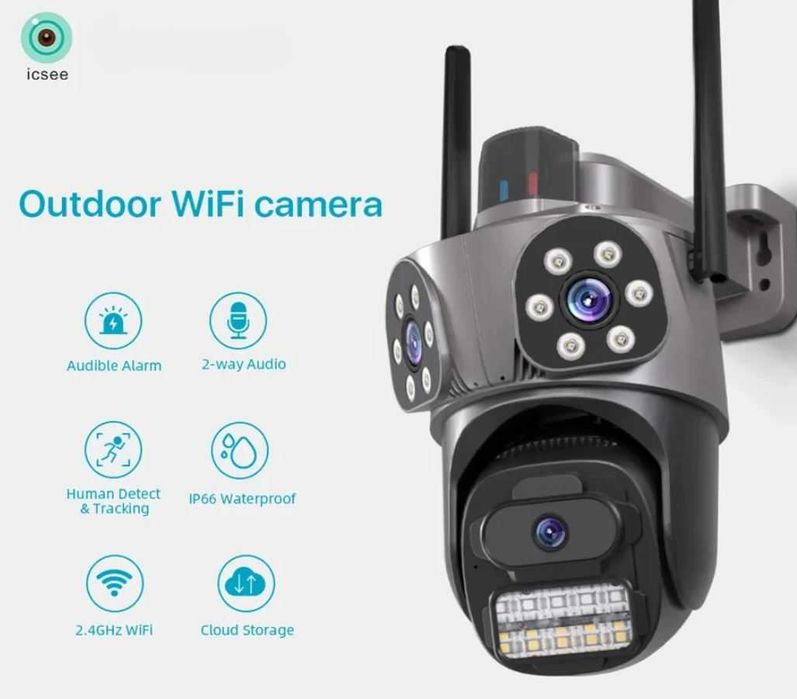 Тройна външна въртяща WiFi AI камера с три обектива, ICSee, Черна