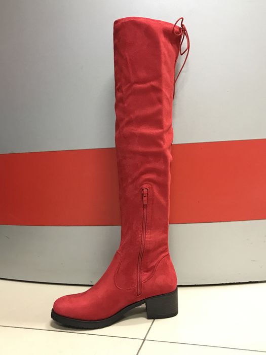 Дамски чизми велур в червено и черно/ПРОМОЦИЯ