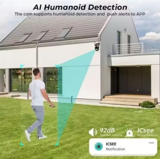 Двойна външна въртяща WiFi AI камера 8MP с два обектива, ICSee, Черна