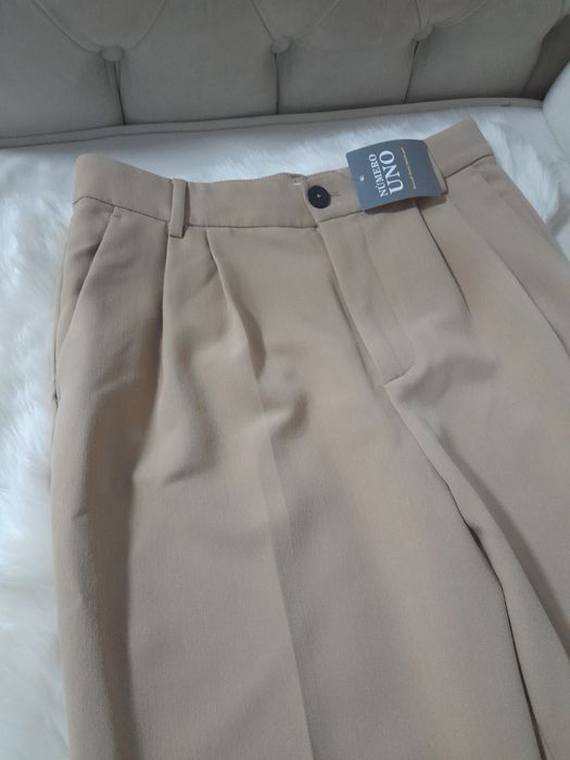 Pantaloni bej maro wide leg baloon cu pliuri în talie mărimea S Zara