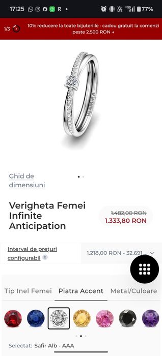 Inel Glamira din argint cu safir alb, nou,masura 50