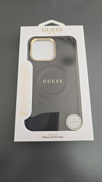 Оригинален гръб GUESS за IPhone 16 Pro Max в черен цвят с вграден MagSafe кожен стилен кейс за айфон 16 про макс