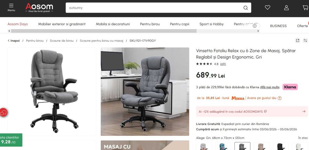 Vinsetto Fotoliu Relax – 6 Zone de Masaj, Gri,  scaun pentru birou cu masaj  si caldura