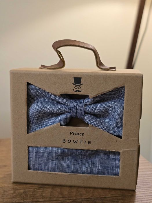 Promo сива луксозна ленена папийонка + кърпичка