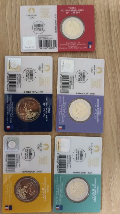 Лятна Олимпиада Париж 2024: 5х Монети 2€ цял сет, Paris olympia Euro