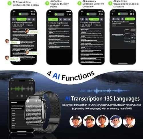 Нов Смарт часовник с AI обобщение диктофон 80+ спортни режима транскрипция