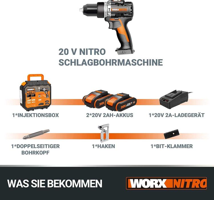 Акумулаторна Ударна Бормашина Worx WX352, Безчетков мотор, 2 батерии 20 V 2 Ah и Зарядно 2 A