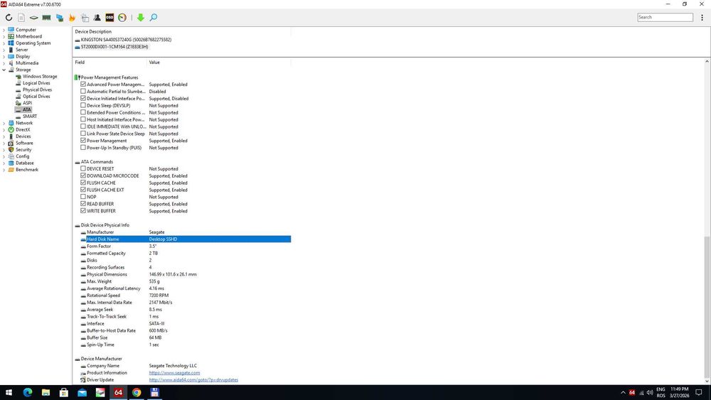 SSHD Seatgate 2000 gb, 99 %  viață_3 zile utilizare