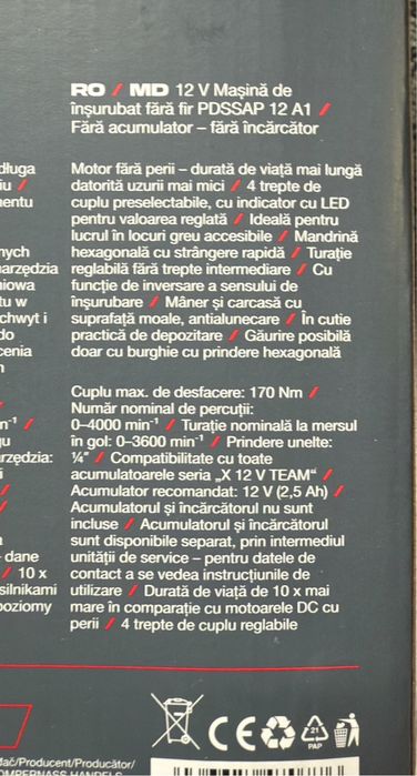 Masina de insurubat cu impact 12v 170Nm Parkside Performance