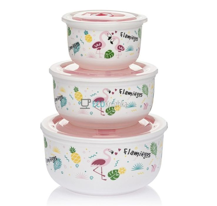 Комплект от 3 порцеланови купи за съхранение на храна с вакуумни силик