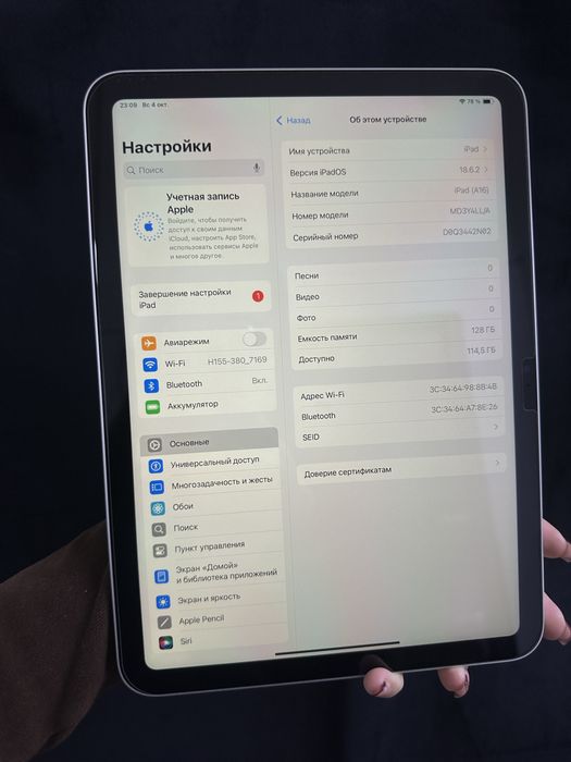iPad A16 Памят: 128gb Акб100% Цикл 56