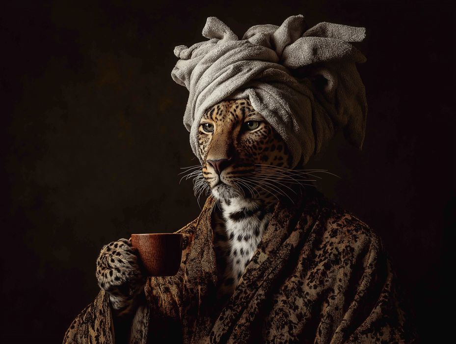 Tablou canvas Dimineața regelui, leopard cu cafea, portret amuzant, 60×45 - 120×90 cm