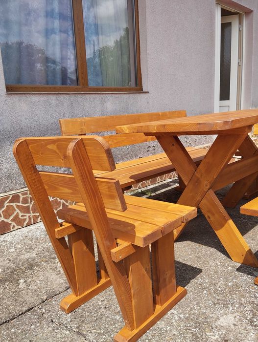 Set mobilier de gradina masa + bănci + scaune lemn masiv stejar