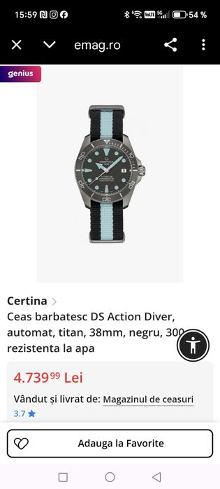 Ceas Certina DS Action Automatic Titanium 38 mm 300 m Diver, Nepurtat!