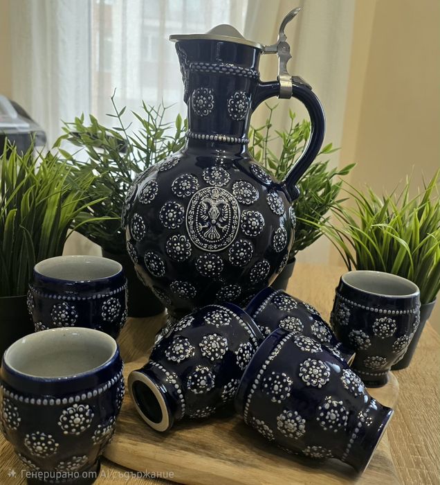 Немски комплект за вино от керамична кана с капак и чаши, произведени