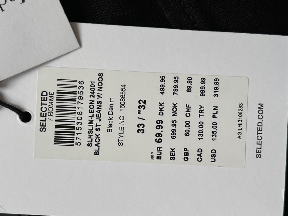 Selected нови черни слим дънки деним 32/33 размер