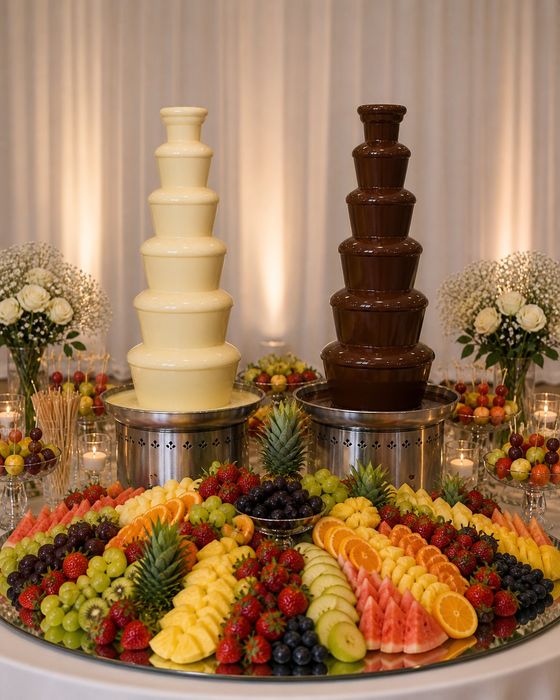 Fântâni de Ciocolată Albă și Neagra + Platouri de fructe - > pentru evenimente  - Candy Bar  - Fruit bar - Cocktail bar