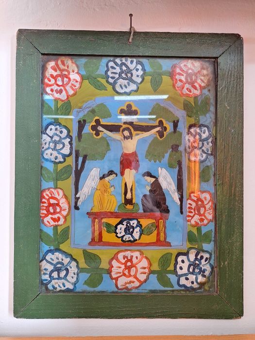 Vând icoană veche pictată pe sticlă, 40 × 30 cm