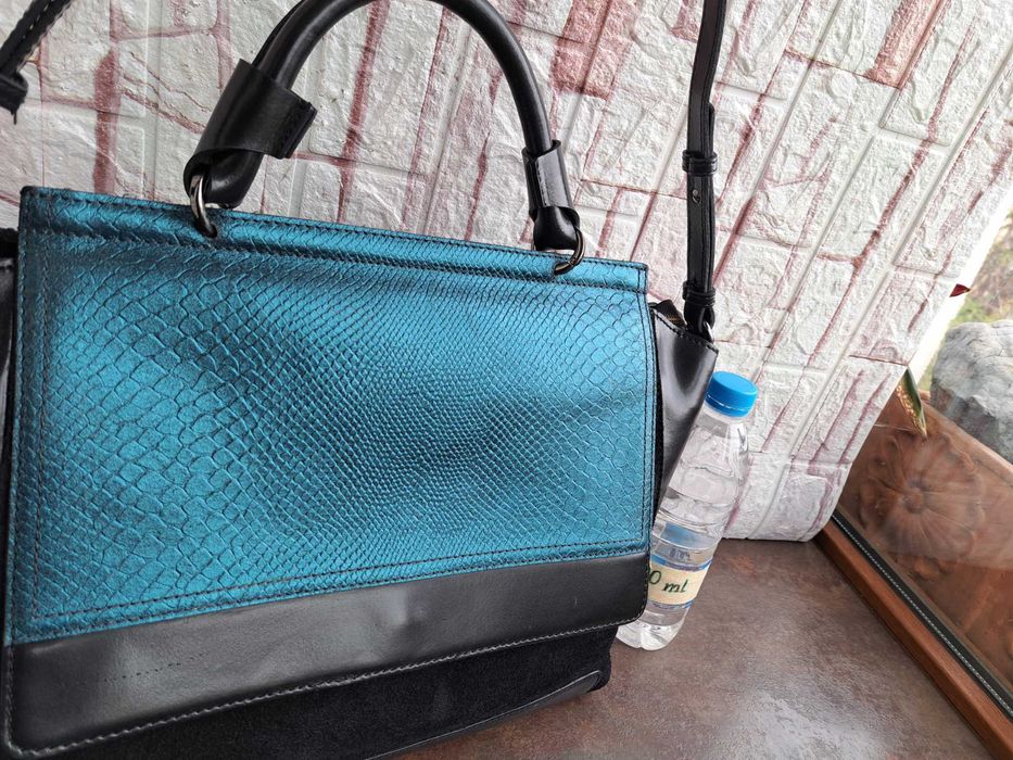 дамска чанта,черна кожена торба-естествена кожа и велур