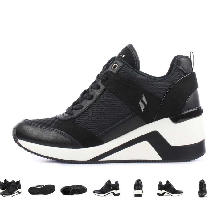 Pantofi SKETCHERS sport dama/tenisi negru cu alb, h=6cm, 38