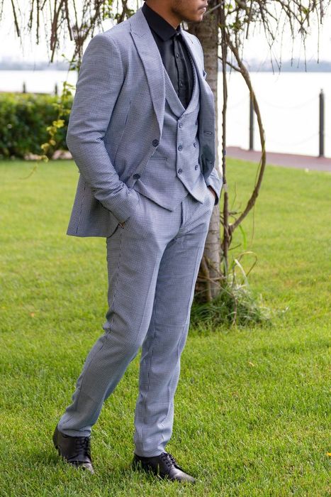 Costum albastru carouri vesta,sacou și pantaloni