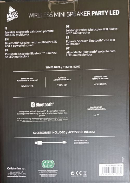Bluetooth Тонколона Cellularline Music Sound Party Mini, 1.0